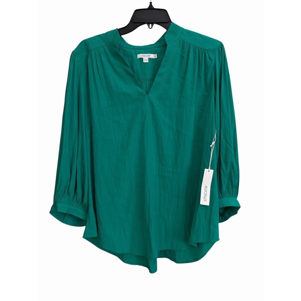 Chico's Top Sz 2 (12) Crinkle Poly V-Neck Blouse Ballon Sleeves Green New GG10-1